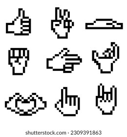 this is a hand icon in pixel art with black color and white background ,this item good for presentations,stickers, icons, t shirt design,game asset,logo and your project.