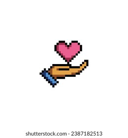Dies ist Hand-und Liebe-Symbol in Pixel-Kunst mit einfachen Farben und weißem Hintergrund , dieses Element gut für Präsentationen, Sticker, Symbole, T-Shirt-Design, Spiel-Objekt, Logo und Ihr Projekt.