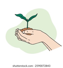 This is a hand motion illustration of holding a sprout in the soil with both hands. It's a hand-drawn vector element.