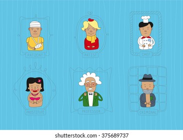This is handdraw style illustration of characters topic. Cool linear and cartoon style. The are a lot of professions and human for your infographic or other needs. 