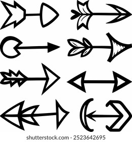 This hand-drawn arrow vector set includes creative and unique designs for navigation, decoration, and artistic projects. Ideal for digital artwork, illustrations, and graphic design elements.