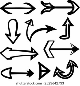 This hand-drawn arrow vector set includes creative and unique designs for navigation, decoration, and artistic projects. Ideal for digital artwork, illustrations, and graphic design elements.