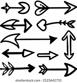 Dieses handgezeichnete Pfeilvektorset enthält kreative und einzigartige Designs für Navigation, Dekoration und künstlerische Projekte. Ideal für digitale Kunstwerke, Illustrationen und grafische Gestaltungselemente.