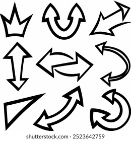 This hand-drawn arrow vector set includes creative and unique designs for navigation, decoration, and artistic projects. Ideal for digital artwork, illustrations, and graphic design elements.