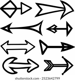 This hand-drawn arrow vector set includes creative and unique designs for navigation, decoration, and artistic projects. Ideal for digital artwork, illustrations, and graphic design elements.