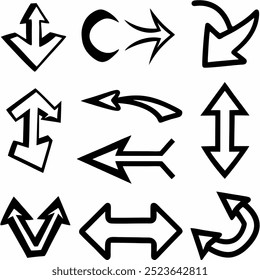 This hand-drawn arrow vector set includes creative and unique designs for navigation, decoration, and artistic projects. Ideal for digital artwork, illustrations, and graphic design elements.