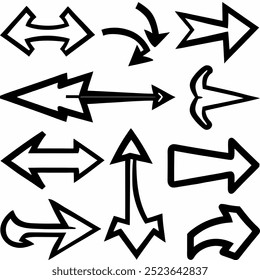 This hand-drawn arrow vector set includes creative and unique designs for navigation, decoration, and artistic projects. Ideal for digital artwork, illustrations, and graphic design elements.