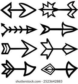 This hand-drawn arrow vector set includes creative and unique designs for navigation, decoration, and artistic projects. Ideal for digital artwork, illustrations, and graphic design elements.