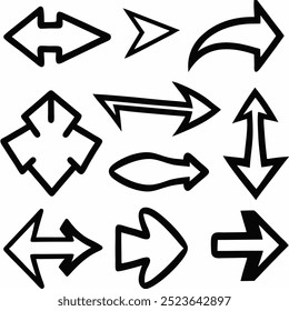 This hand-drawn arrow vector set includes creative and unique designs for navigation, decoration, and artistic projects. Ideal for digital artwork, illustrations, and graphic design elements.
