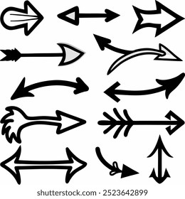 This hand-drawn arrow vector set includes creative and unique designs for navigation, decoration, and artistic projects. Ideal for digital artwork, illustrations, and graphic design elements.