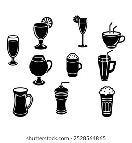 This hand-drawn beverage vector set includes coffee, tea, and drinks illustrations, perfect for cafes, menus, and creative projects looking for a vintage and artistic touch.