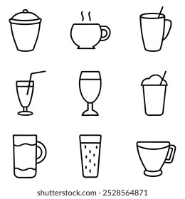 This hand-drawn beverage vector set includes coffee, tea, and drinks illustrations, perfect for cafes, menus, and creative projects looking for a vintage and artistic touch.