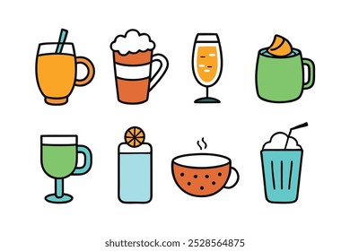 This hand-drawn beverage vector set includes coffee, tea, and drinks illustrations, perfect for cafes, menus, and creative projects looking for a vintage and artistic touch.