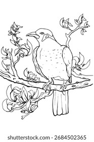 Esta ilustración dibujada a mano en blanco y negro presenta un solo pájaro posado en una rama floreciente. La intrincada línea de trabajo lo hace ideal para el uso educativo y actividades de coloración.