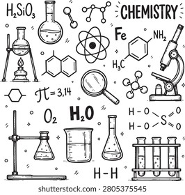 This hand-drawn chemistry doodle vector features laboratory flasks, test tubes, molecules, chemical formulas, Bunsen burners, scientific equipment, and educational science elements. Perfect for STEM education, school worksheets, classroom materials, science projects, printable coloring pages, posters, presentations, websites, and creative design projects.