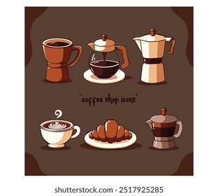 This hand-drawn coffee shop icons set features a charming collection of illustrations, including a classic coffee pot, a delectable croissant, and a steaming cup of coffee