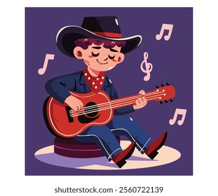 This hand-drawn country music illustration features a charming cartoon cowboy skillfully playing a guitar against a vibrant purple background