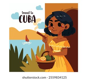 This hand-drawn Cuba poster template features a vibrant vector illustration of a Cuban girl holding a basket of fresh fruits and a cigar