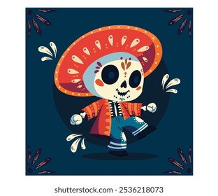 Esta ilustração Dia de Muertos desenhada à mão apresenta um esqueleto de desenho animado alegremente dançando enquanto adornado com um sombrero vibrante