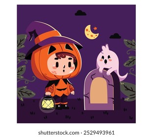 This hand-drawn Halloween illustration features a whimsical cartoon witch alongside a cheerful pumpkin, set against the backdrop of a spooky graveyard