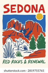 This hand-drawn illustration captures the vibrant energy of a Southwestern desert landscape with bold red rock formations under a bright yellow sun. The organic lines and minimalist color palette evoke a sense of peace and renewal. Perfect for wellness branding and travel marketing.