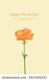 This is a hand-drawn illustration card design of a carnation flower in full bloom to give as a gift to parents on Mother's Day in May. The typography reads ‘Happy Parents’ Day.’