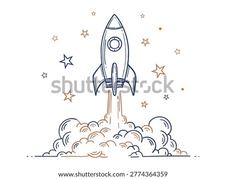 This hand-drawn illustration features a blue and orange rocket ship launching into space, surrounded by shimmering stars and thick clouds of smoke from the takeoff.
