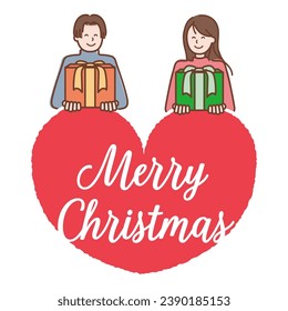 This hand-drawn illustration features a couple exchanging gifts within a heart frame that reads 'Merry Christmas,' capturing the warm, cozy Christmas atmosphere and their shared joy.
