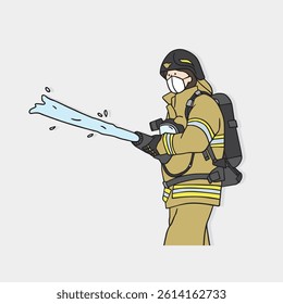 This is a hand-drawn illustration of a firefighter wearing a firefighter uniform and spraying a stream of water.