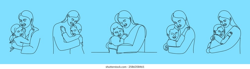 This hand-drawn illustration of a loving family moment for Mother's Day depicts a mother and child embracing each other in a simple yet meaningful way. Big collection.