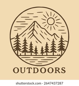 This hand-drawn style emblem features a serene mountain range with pine trees and a rising sun, encapsulated in a circular design. Ideal for outdoor brand logos or nature-themed apparel.