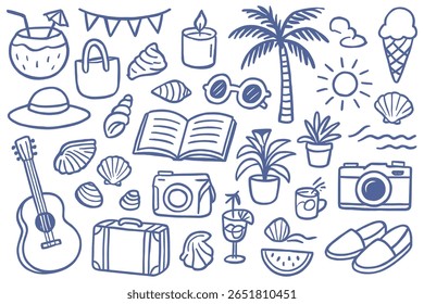 This hand-drawn summer doodle seamless pattern evokes a feeling of vacation and tropical vibes. Featuring summer vacation elements such as palm trees and sunglasses, it is perfect for adding a