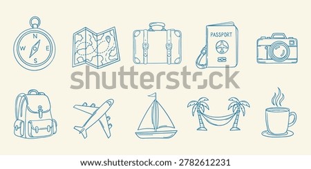 This hand-drawn travel icon set features blue line doodles of a compass map suitcase passport camera backpack airplane sailboat hammock and hot coffee for vacations.
