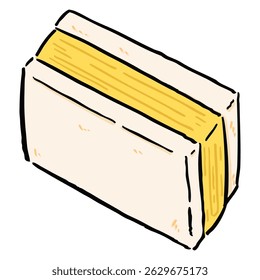 Este vetor desenhado à mão apresenta um sanduíche de omelete japonês macio.Ótimo para menus de café, promoções de café da manhã, ou anúncios de alimentos casuais com um olhar quente e amigável.