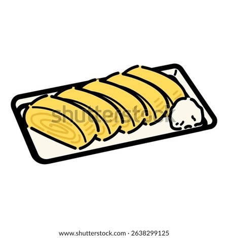 This hand-drawn-style vector shows a fluffy and tasty Japanese rolled omelette.Perfect for restaurant flyers, food blogs, or menu designs with a casual and friendly vibe.