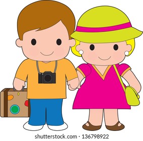 This happy couple are delighted to be going on vacation, luggage at their side and camera at the ready.