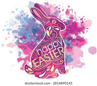 This Happy Easter Bunny Silhouette with Decorative Pattern Lettering on Watercolor Background Vector Illustration features an artistic Easter rabbit silhouette filled with intricate decorative patterns and integrated “Happy Easter” typography. Set against a vibrant watercolor splash background with beautiful shades of pink, blue, and purple, this creative holiday design combines traditional Eastertide symbolism with modern decorative illustration techniques. The artwork is ideal for Eastertime greeting cards, holiday banners, posters, invitations, social media graphics, website designs, printable decorations, gift packaging, and seasonal marketing materials.

The illustration presents the Eastertime bunny in a unique artistic style by transforming the rabbit silhouette into a decorative composition. Instead of a traditional cartoon character, the bunny becomes a creative graphic element filled with patterns, textures, and festive lettering.

The Eastertime bunny silhouette is one of the most recognizable symbols of Eastertime celebrations worldwide. Rabbits are traditionally associated with spring, renewal, happiness, and new beginnings. This artwork captures those symbolic meanings while presenting them through a modern artistic approach.

The integrated “Happy Easter” lettering inside the rabbit shape creates a strong connection between typography and illustration. This creative combination allows the design to function as both a holiday message and a ornamental visual element.

The watercolor splash background adds energy, softness, and cultural beauty to the composition. The blend of pink, blue, and purple tones creates a festive atmosphere while maintaining an elegant handmade appearance.

Watercolor textures are popular in modern graphic design because they provide a natural, artistic feeling. They are commonly used for greeting cards, invitations, seasonal branding, and creative digital artwork.
