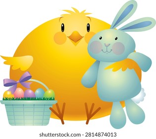 This Happy Easter Cartoon Chicken with Basket of Colorful Eggs and Bunny Plush Toy Vector Illustration is a cheerful and heartwarming holiday design featuring a friendly yellow chick cuddling a cute blue bunny plush toy beside a beautifully decorated wicker basket filled with colorful Easter eggs. Finished with a charming purple ribbon bow, the illustration captures the joyful spirit of Easter and springtime. Designed in a playful cartoon style, this vector artwork is perfect for greeting cards, children's books, holiday decorations, party invitations, classroom materials, gift packaging, seasonal marketing, social media graphics, posters, and printable crafts.

The illustration celebrates Eastertime through some of the holiday's most beloved symbols. The smiling chicken represents happiness, warmth, and the arrival of spring, while the basket overflowing with decorated eggs symbolizes new beginnings, creativity, hope, and family traditions. Together with the adorable bunny plush toys, the design creates a welcoming scene that appeals to children and adults alike.

The yellow Eastertime chick serves as the main character of the composition. Chicks are universally recognized as symbols of birth, renewal, innocence, and the beginning of a new season. Their bright yellow feathers naturally communicate warmth, optimism, and cheerful energy, making them one of the most popular easter characters.

The blue rabbit plush toy adds an extra layer of charm and imagination. Rabbits are closely associated with Eastertime celebrations in many cultures, representing fertility, abundance, joy, and springtime. By presenting the rabbit as a soft toy, the illustration creates a comforting and child-friendly atmosphere suitable for educational and family-oriented designs.

The light blue wicker basket filled with brightly decorated Eastertime eggs becomes the centerpiece of the holiday theme.