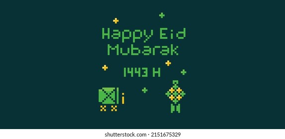 This is a Happy Eid Al-Fitr 1443 H greeting card design with pixel art style.