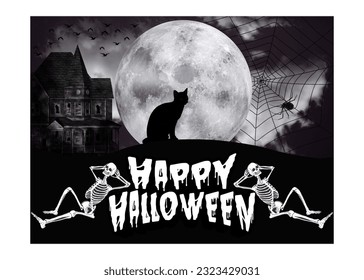 This Happy Halloween design features two sleeping skeletons, a haunted house, and a black cat under the moonlight. Get in the spooky spirit with this eerie and enchanting artwork