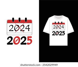 Este design de t-shirt feliz ano novo 2025 apresenta um gráfico festivo de um calendário que marca a transição de 2024 para 2025. Ano Novo 2025, 2025 t-shirt, camisa de Ano Novo personalizado, ilustração de calendário