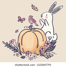 This happy rabbit is enjoying a lovely autumn day. These hand-drawn characters make a lovely surface design and background.