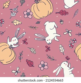 This happy rabbit is getting ready for fall. This hand-drawn character makes a lovely seamless vector pattern perfect for surface designs and backgrounds.