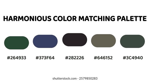 This harmonious color palette blends cool and earthy tones for a balanced and sophisticated aesthetic. deep green, muted blue, charcoal grey, olive green, muted green. Enhance the natural.  141.