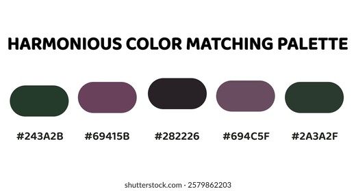 This harmonious color palette blends cool and earthy tones for a balanced and sophisticated aesthetic. deep green, muted plum, charcoal grey, soft mauve, muted green. Enhance the natural.  143.