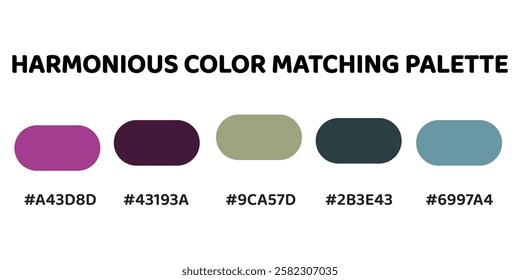 This harmonious color palette blends vibrant and muted tones for a dynamic yet balanced aesthetic. deep magenta, rich plum, greyish sage, teal, soft blue. Perfect for bold yet serene designs. 164.