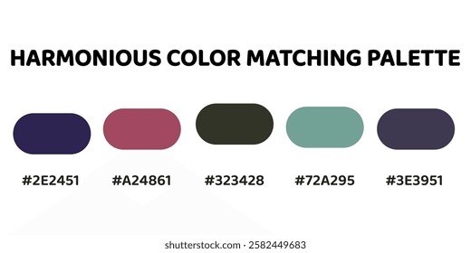 This harmonious color palette blends rich, deep tones with vibrant contrasts for a bold yet balanced aesthetic. dark indigo, deep pink, charcoal grey, muted teal, slate blue. Introduce a calming. 171.