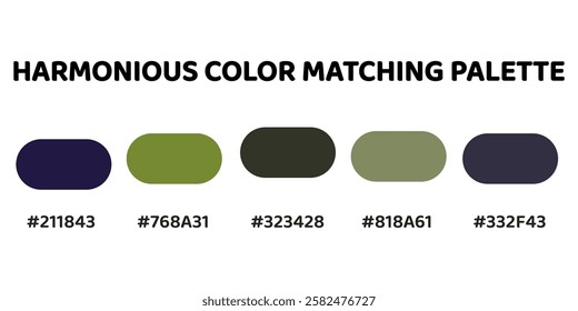 This harmonious color palette blends deep, rich tones with earthy greens for a balanced and natural aesthetic. dark navy, olive green, charcoal grey, muted khaki, slate blue. Enhance the organic. 173.