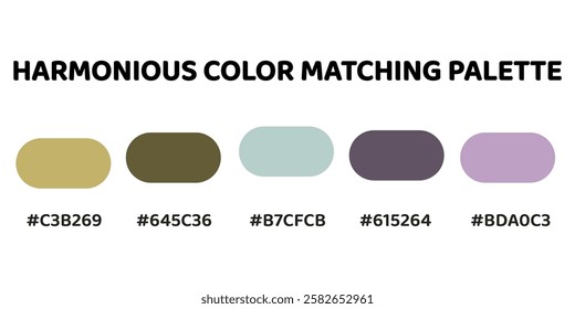 This harmonious color palette blends soft cyan tones with earthy hues for a balanced and natural aesthetic. muted gold, olive green, greyish cyan, muted plum, soft lavender. Enhance the tranquil. 176.