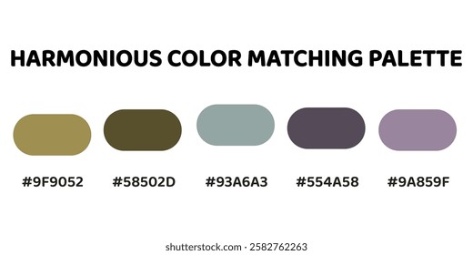 This harmonious color palette blends soft cyan tones with warm, earthy hues for a balanced and natural aesthetic. muted gold, olive green, greyish cyan, muted plum, soft lavender. 182.